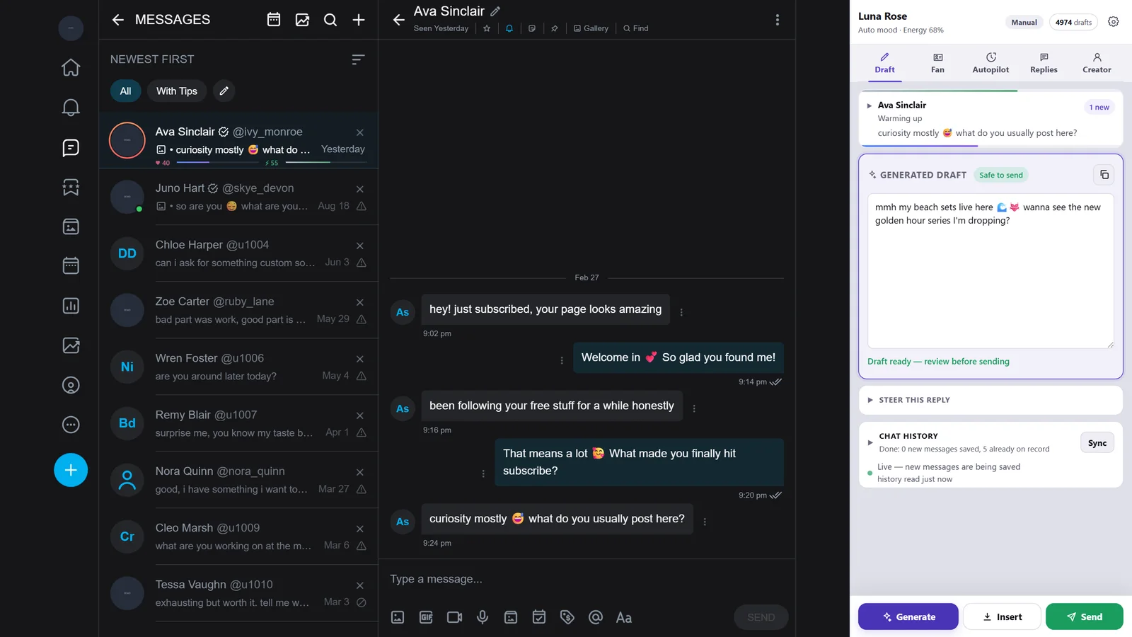 The side panel open beside a platform inbox: draft ready, fan context, autopilot off.