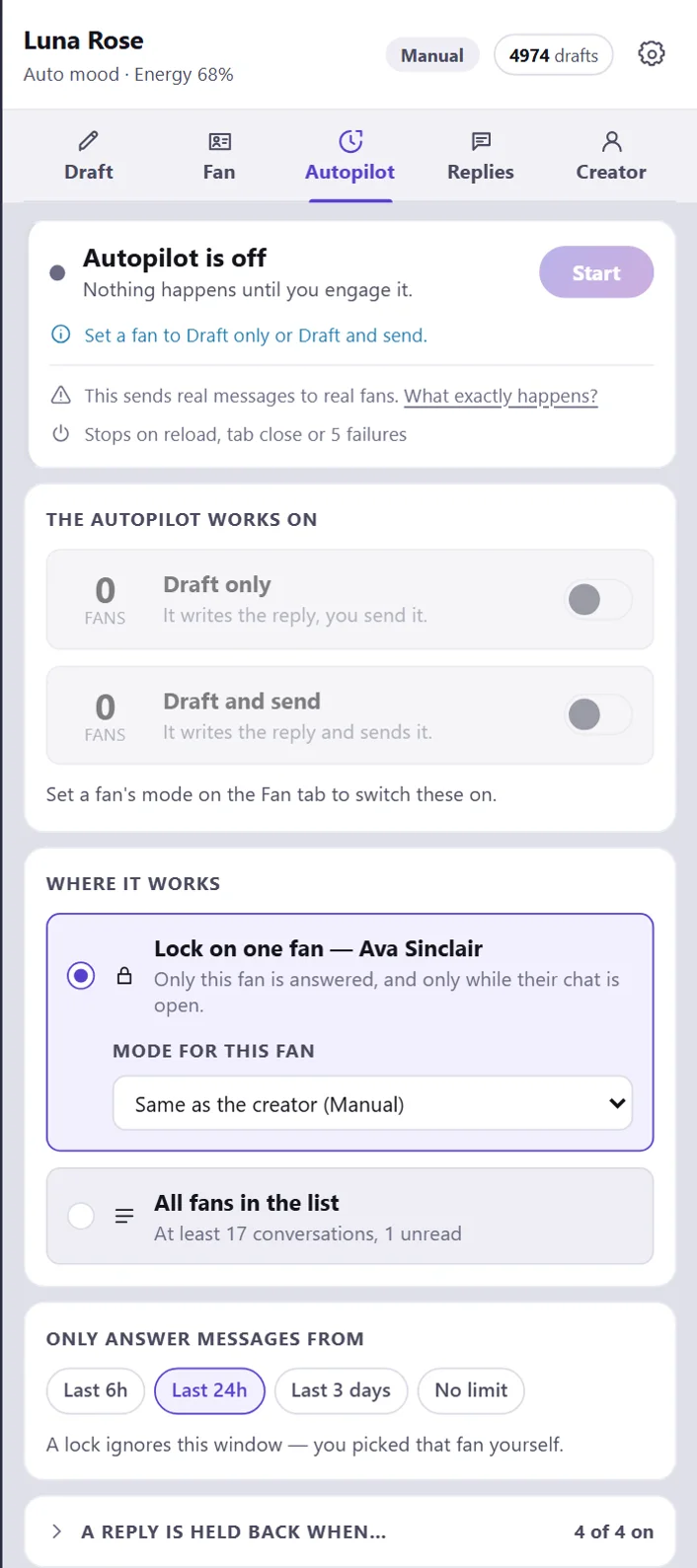 The Autopilot tab: autopilot off, which fans it may work on, whether it stays on one fan or takes the whole list, and how far back it answers.