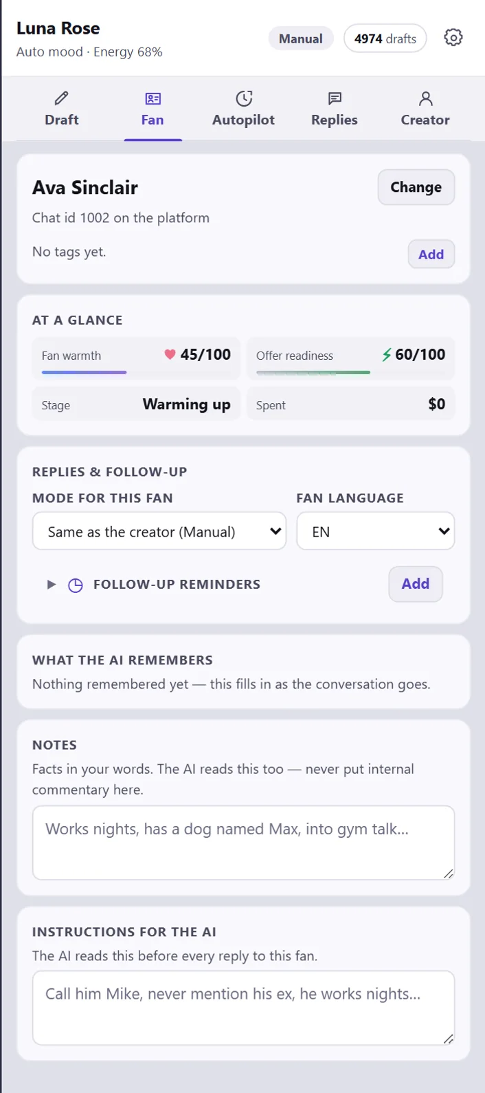 The Fan tab of the side panel: the fan read off the open chat, warmth and offer readiness, stage and spend, the reply mode, and fields for notes and instructions.