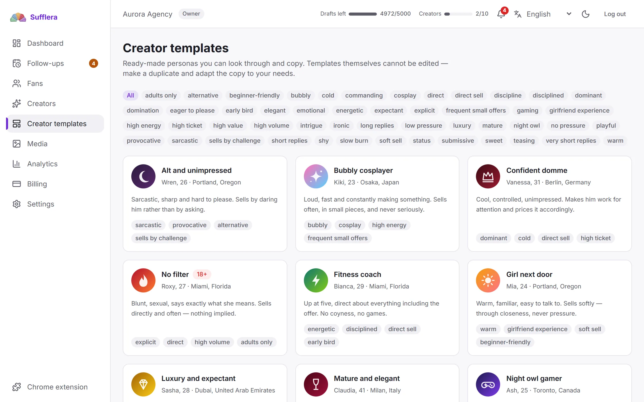 The template gallery: ready-made personas, each with an age, a city, a one-line temperament and tags.